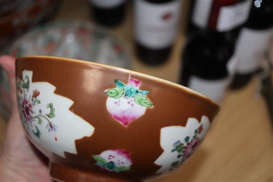 An 18th century Chinese sauceboat and bowl, and a 19th century Japanese Kutani bowl and another largest diameter 31cm